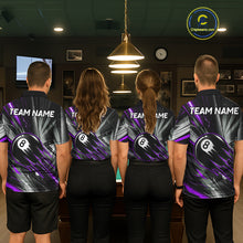Load image into Gallery viewer, Men women billiard team wearing Thunder Purple 8 Ball Strike billiard team uniforms
