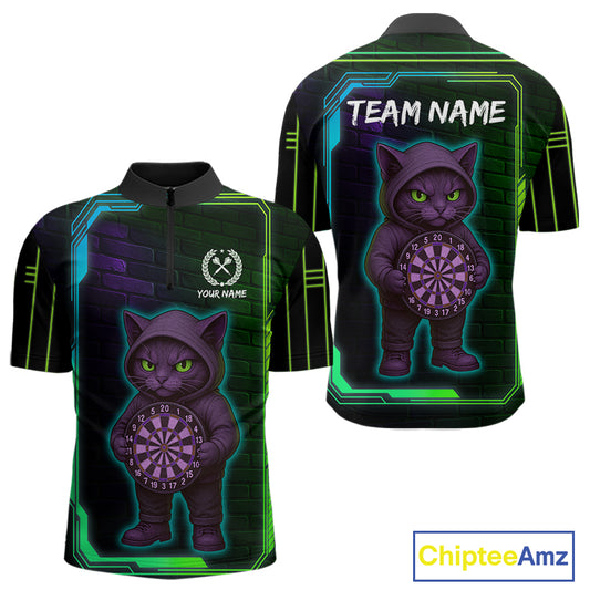 Lightning Cat Tech Green & Blue Neon Dartboard Men's Dart Quarter-Zip Shirt Funny Dart Jerseys NYN1792
