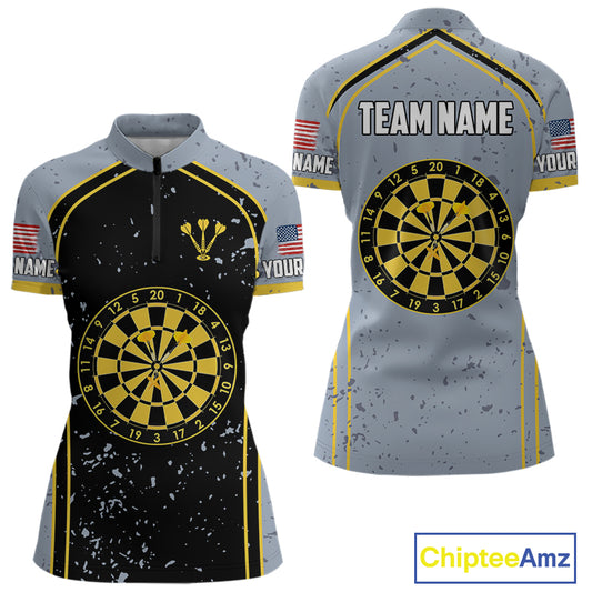 Custom Grey And Yellow US Flag Dartboard Dart Shirts For Women Patriotic Dart Team Jerseys NYN0042