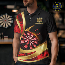 Load image into Gallery viewer, Personalized Red Flaming Thunder Darts Polo &amp; 1/4-Zip Shirt For Men Gold Dart Team Dart Jerseys NYN2957