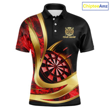 Load image into Gallery viewer, Personalized Red Flaming Thunder Darts Polo &amp; 1/4-Zip Shirt For Men Gold Dart Team Dart Jerseys NYN2957