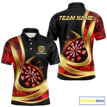 Load image into Gallery viewer, Personalized Red Flaming Thunder Darts Polo &amp; 1/4-Zip Shirt For Men Gold Dart Team Dart Jerseys NYN2957