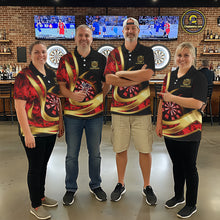 Load image into Gallery viewer, Personalized Red Flaming Thunder Darts Polo &amp; 1/4-Zip Shirt For Men Gold Dart Team Dart Jerseys NYN2957