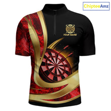 Load image into Gallery viewer, Personalized Red Flaming Thunder Darts Polo &amp; 1/4-Zip Shirt For Men Gold Dart Team Dart Jerseys NYN2957