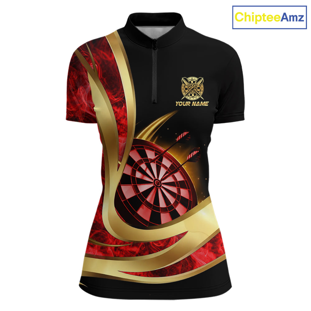 Personalized Red Flaming Thunder Darts Polo & 1/4-Zip Shirt For Women Gold Dart Team Dart Jerseys NYN2957