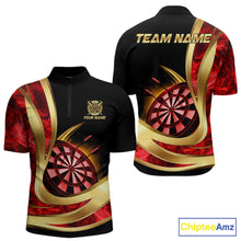 Load image into Gallery viewer, Personalized Red Flaming Thunder Darts Polo &amp; 1/4-Zip Shirt For Men Gold Dart Team Dart Jerseys NYN2957