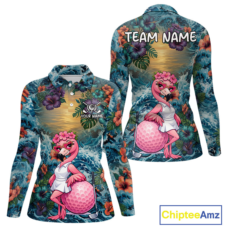 Womens Flamingo Golf Clothing Waving Tropical Golf Shirt Custom Floral Golf Polo, Best Golf Gifts NYN2959