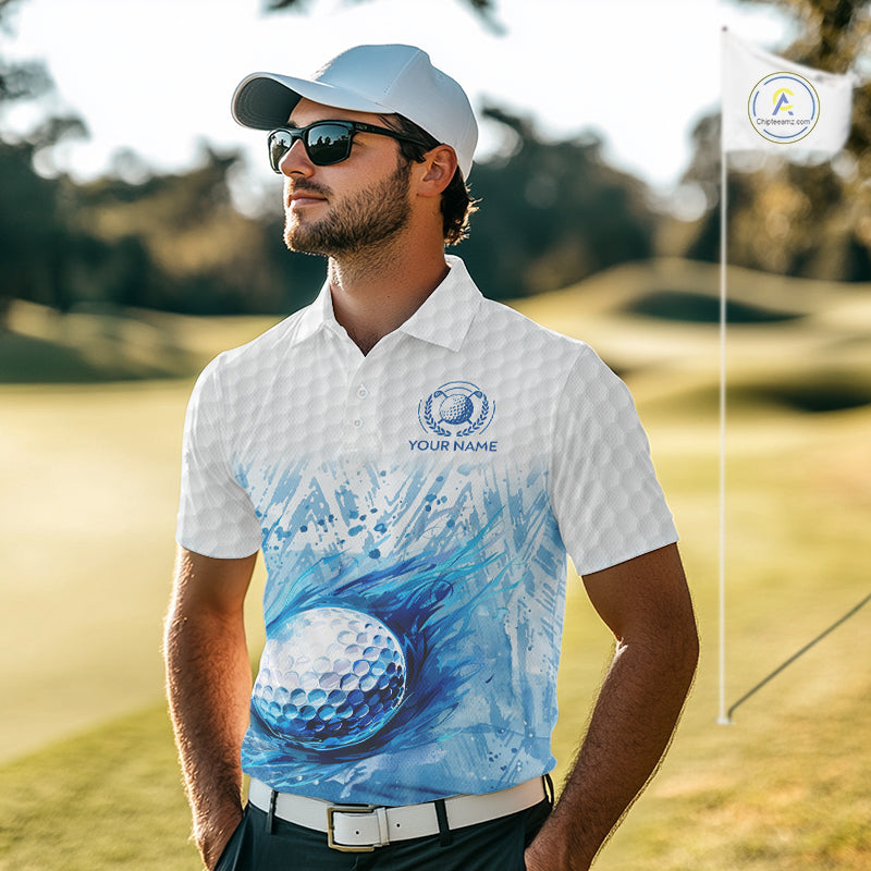 Custom Mens Golf Polo Shirts, Blue Splatter Golf Ball White Men Golf Polo Shirt, Best Golf Shirts NYN2961