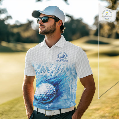 Custom Mens Golf Polo Shirts, Blue Splatter Golf Ball White Men Golf Polo Shirt, Best Golf Shirts NYN2961