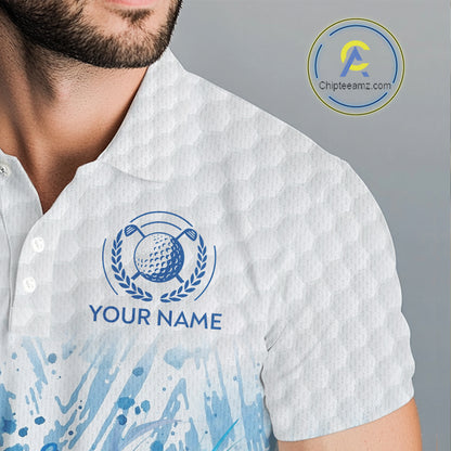 Custom Mens Golf Polo Shirts, Blue Splatter Golf Ball White Men Golf Polo Shirt, Best Golf Shirts NYN2961