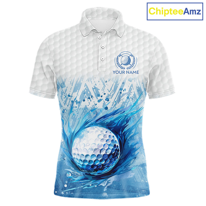 Custom Mens Golf Polo Shirts, Blue Splatter Golf Ball White Men Golf Polo Shirt, Best Golf Shirts NYN2961