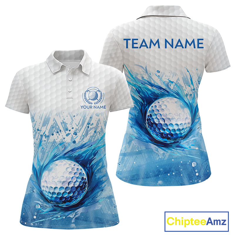 Custom Womens Golf Polo Shirts, Blue Splatter Golf Ball White Men Golf Polo Shirt, Best Golf Shirts NYN2961