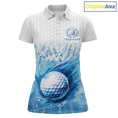 Custom Womens Golf Polo Shirts, Blue Splatter Golf Ball White Men Golf Polo Shirt, Best Golf Shirts NYN2961