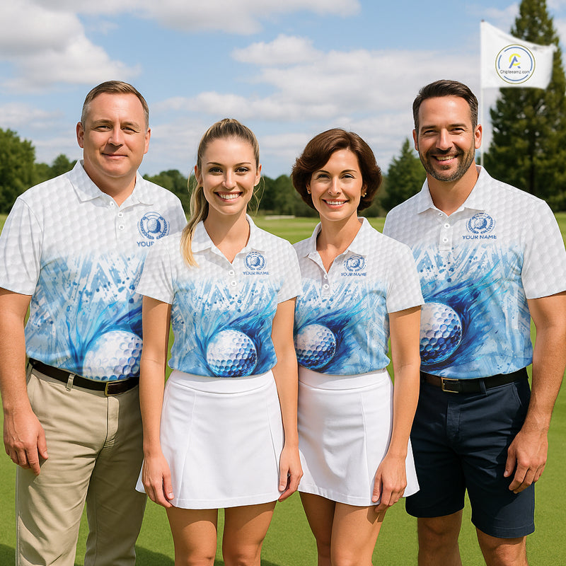 Custom Mens Golf Polo Shirts, Blue Splatter Golf Ball White Men Golf Polo Shirt, Best Golf Shirts NYN2961