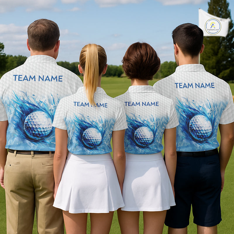 Custom Mens Golf Polo Shirts, Blue Splatter Golf Ball White Men Golf Polo Shirt, Best Golf Shirts NYN2961