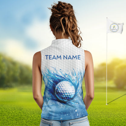 Custom Womens Golf Polo Shirts, Blue Splatter Golf Ball White Men Golf Sleeveless Polo Shirt, Golf Shirts NYN2961