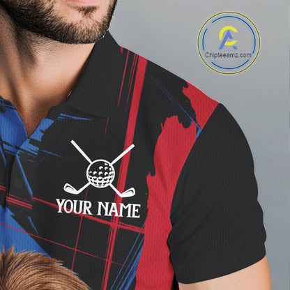 Male golfer wearing artistic sloth golf polo during casual golf outing, perfect for family golf events and humorous golf fashion.