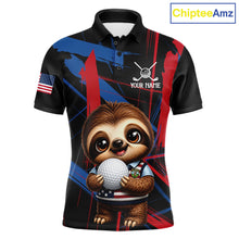Load image into Gallery viewer, Men's funny golf polo featuring adorable sloth with artistic red and blue brush stroke graphics, custom golf shirt for men's golf teams, family golf outings and golf gifts, symbolizing friendship, creativity and fun.