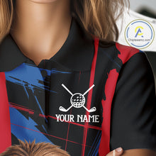 Load image into Gallery viewer, Female golfer wearing cute sloth golf polo featuring colorful brush artwork, representing positive energy and fun golf lifestyle.