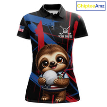 Load image into Gallery viewer, Women's funny golf polo with sloth artwork and colorful brush textures, lightweight golf shirt for ladies golf teams, golf clubs and golf gifts.
