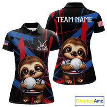 Load image into Gallery viewer, Women's funny golf polo with sloth artwork and colorful brush textures, lightweight golf shirt for ladies golf teams, golf clubs and golf gifts.