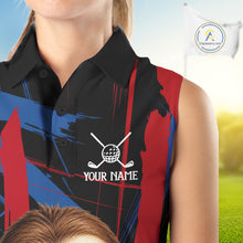 Load image into Gallery viewer, Female golfer wearing cute sloth golf polo featuring colorful brush artwork, representing positive energy and fun golf lifestyle.