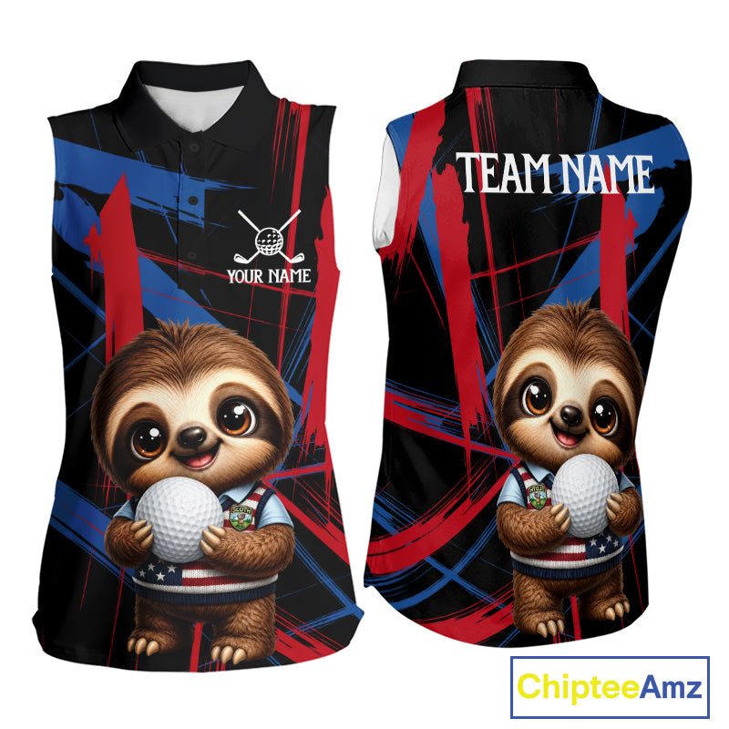 Women's sleeveless golf polo featuring cute sloth with red and blue artistic brush strokes, personalized golf apparel symbolizing creativity, relaxation and friendship.