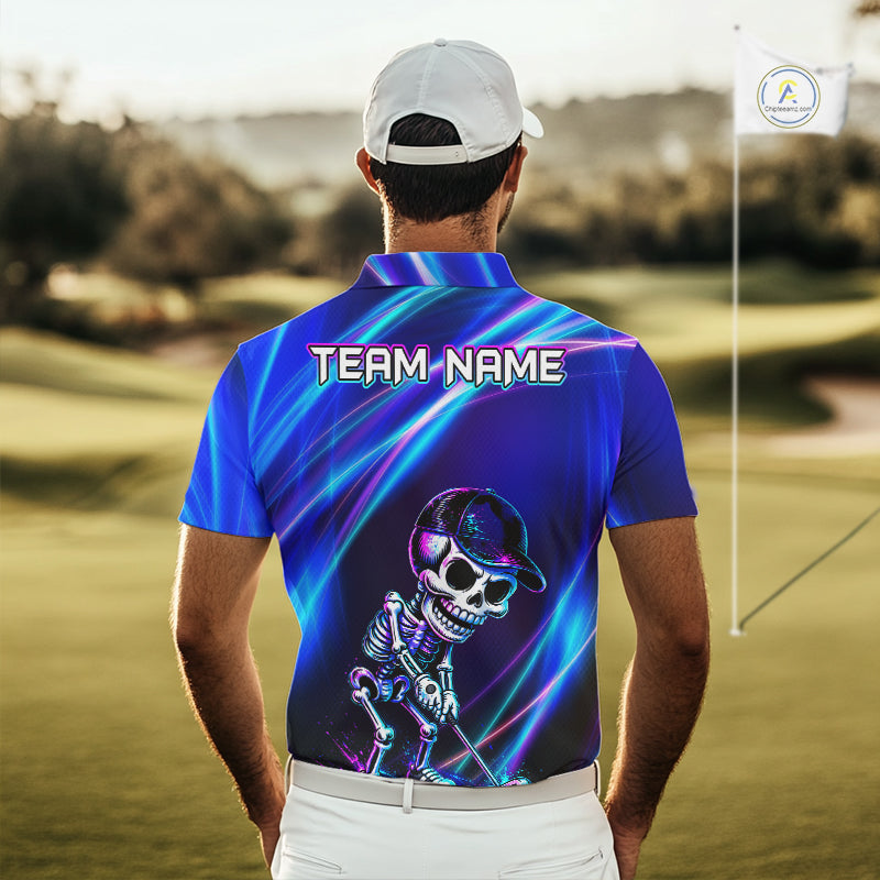 Male golfer wearing neon skull golf polo during championship event, stylish golf apparel for gothic fashion, Halloween golf outings and bold personalities.