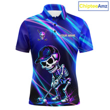Load image into Gallery viewer, Men's golf polo featuring glowing skeleton skull with neon purple and blue graphics, personalized performance golf apparel for Halloween golf tournaments, alternative golf fashion and men's golf teams, symbolizing strength, individuality and fearless spirit.