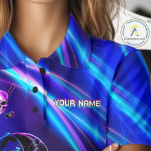Load image into Gallery viewer, Female golfer wearing skeleton golf polo with glowing neon artwork, unique ladies golf apparel expressing confidence and individuality.