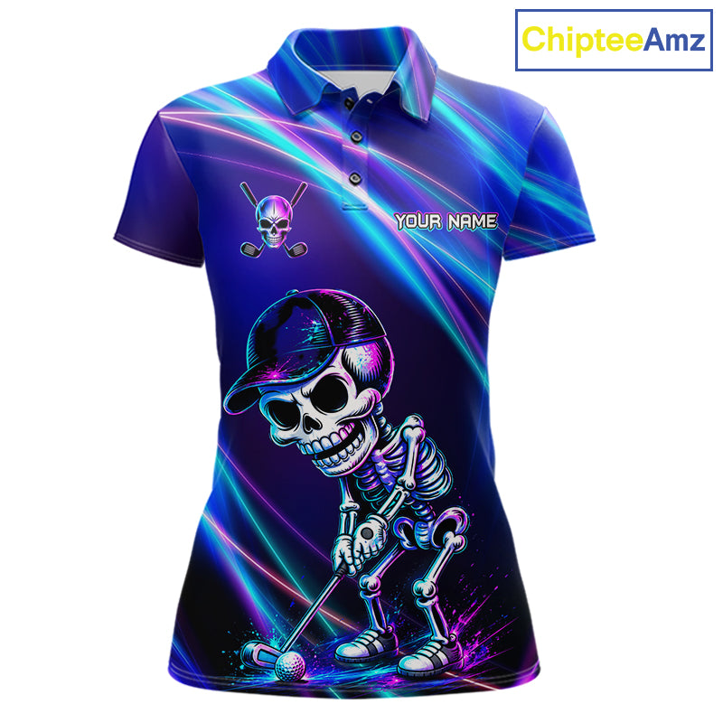 Women's golf polo with neon skull graphics, bold custom golf apparel for Halloween golf tournaments, alternative fashion and golf team uniforms.