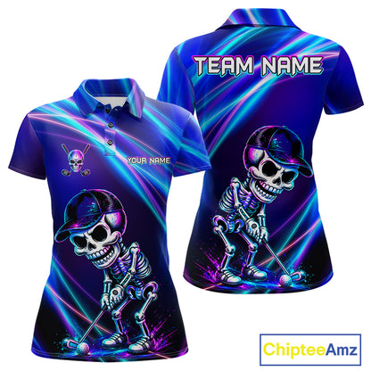 Women's golf polo with neon skull graphics, bold custom golf apparel for Halloween golf tournaments, alternative fashion and golf team uniforms.