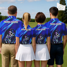 Load image into Gallery viewer, Golf team wearing matching neon skeleton golf polos for night golf tournaments, Halloween competitions and alternative golf clubs, representing unity and fearless attitude.