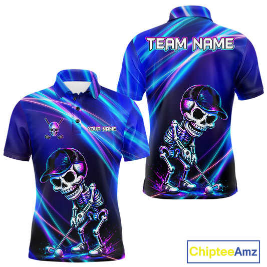 Men's golf polo featuring glowing skeleton skull with neon purple and blue graphics, personalized performance golf apparel for Halloween golf tournaments, alternative golf fashion and men's golf teams, symbolizing strength, individuality and fearless spirit.