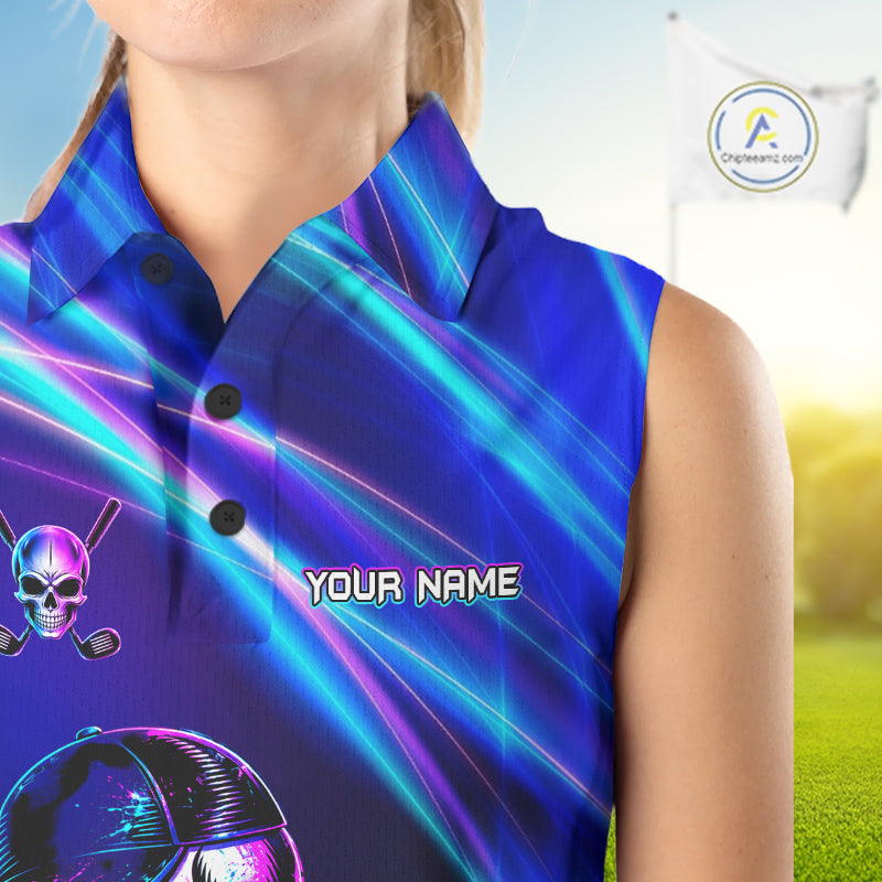 Female golfer wearing skeleton golf polo with glowing neon artwork, unique ladies golf apparel expressing confidence and individuality.