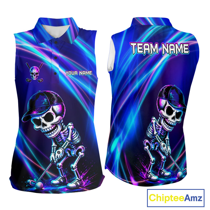 Women's sleeveless golf polo featuring glowing skeleton skull with neon purple and blue artwork, personalized golf apparel symbolizing strength, individuality and fearless spirit.