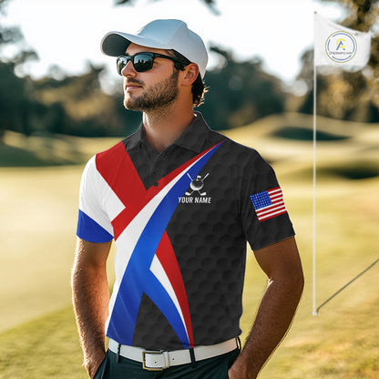 Male golfer wearing black American flag golf polo during championship tournament, premium golf apparel for veterans, patriotic golfers and Father's Day gifts.