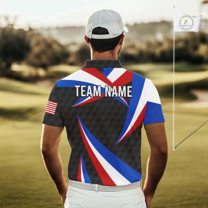 Male golfer wearing black American flag golf polo during championship tournament, premium golf apparel for veterans, patriotic golfers and Father's Day gifts.