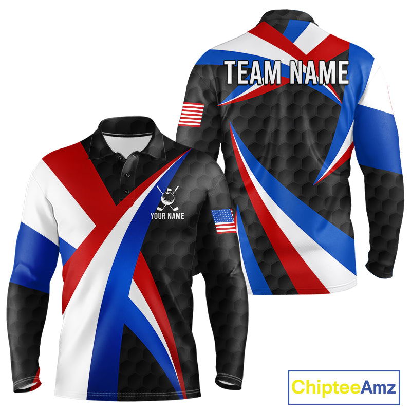 Men's black golf polo featuring golf ball pattern and patriotic American flag artwork, personalized performance golf apparel for men's golf tournaments, veterans, golf clubs and Father's Day gifts, symbolizing strength, unity and American pride.