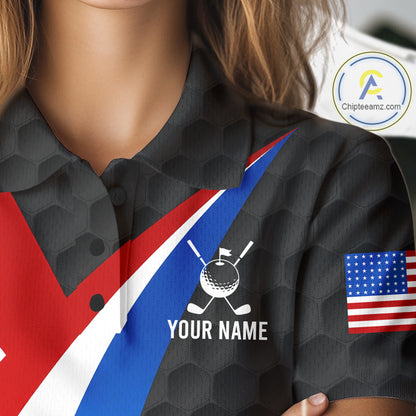 Female golfer wearing personalized black patriotic golf polo, elegant golf apparel for ladies golf clubs, Memorial Day events and Independence Day tournaments.