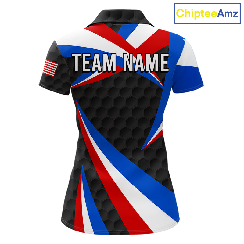 Women's black patriotic golf polo featuring golf ball graphics, custom performance golf shirt for tournaments, golf clubs and USA team apparel.