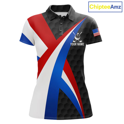 Women's black patriotic golf polo featuring golf ball graphics, custom performance golf shirt for tournaments, golf clubs and USA team apparel.