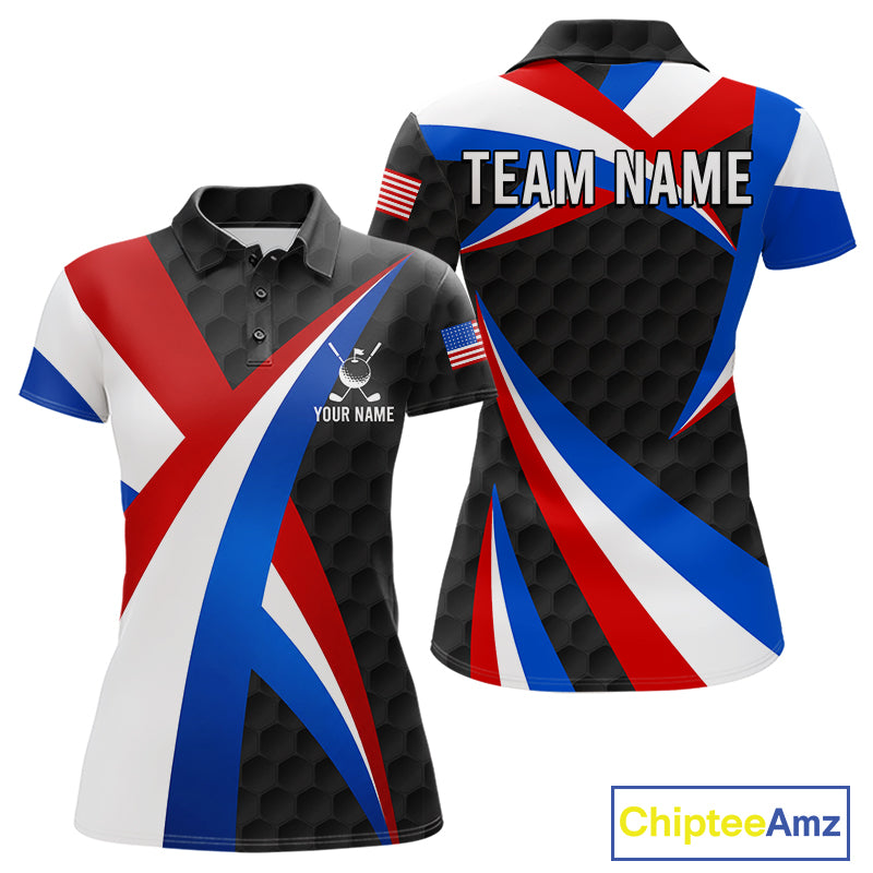Women's black patriotic golf polo featuring golf ball graphics, custom performance golf shirt for tournaments, golf clubs and USA team apparel.