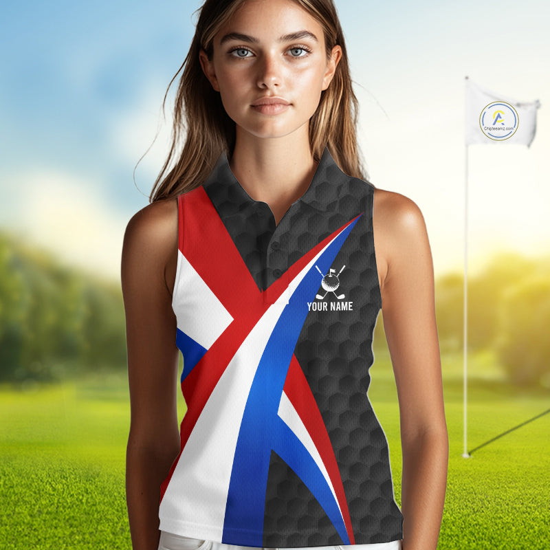 Female golfer wearing personalized black patriotic golf polo, elegant golf apparel for ladies golf clubs, Memorial Day events and Independence Day tournaments.