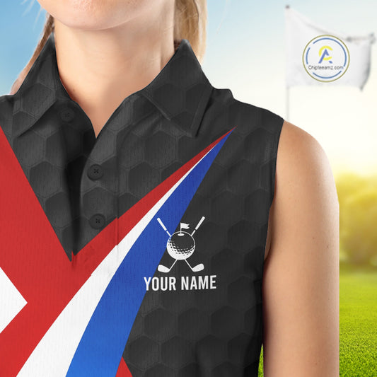Female golfer wearing personalized black patriotic golf polo, elegant golf apparel for ladies golf clubs, Memorial Day events and Independence Day tournaments.
