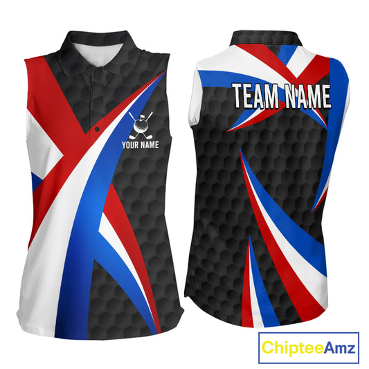 Women's sleeveless golf polo featuring black golf ball pattern with patriotic American flag artwork, personalized golf apparel representing strength, unity and American pride.