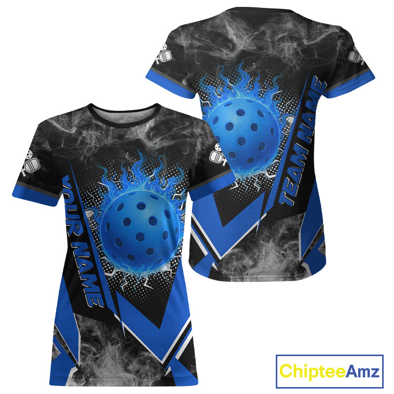 Custom Blue Smoke Flame Pickleball Ball T-Shirt For Women, Pickleball Team Jersey Outfit NYN1268