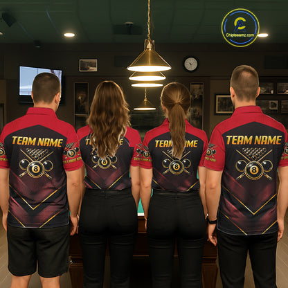 Custom Red Billiard Polo & Quarter-Zip Jerseys For Men Gold 8 Ball Pool Team Jersey NYN2314