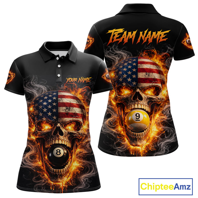 Skull Flaming Pool 8 Ball & 9 Ball Billiard Shirt For Women Personalized 3D Ball Billiard Attire NYN2586