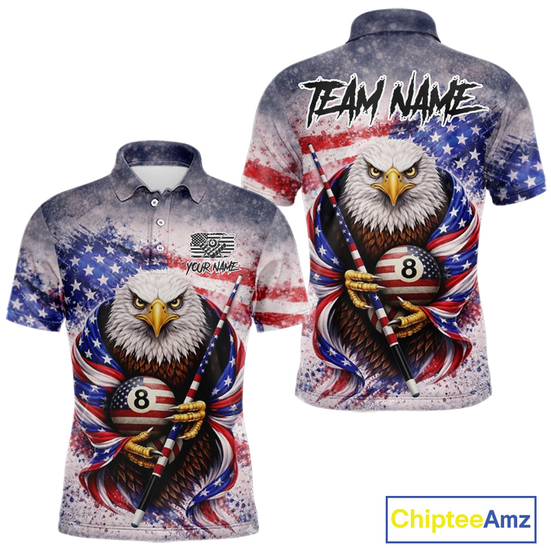 US Flag Grunge Eagle Pool 8 Ball & Cue Billiard Shirt For Men Custom Patriotic Billiard Attire NYN2588